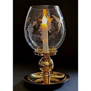 Partylite Calypso/Tuscany Gold Leaf Etched Grapes 11" Hurricane Lamp LED Pillar